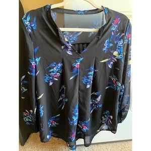 Black, dressy, blouse blue floral design size M